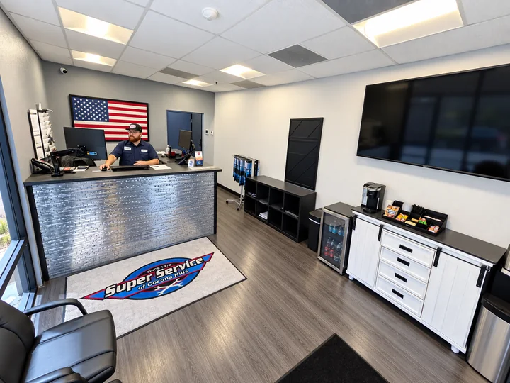 The front counter and customer lounge at Super Service of Corona Hills